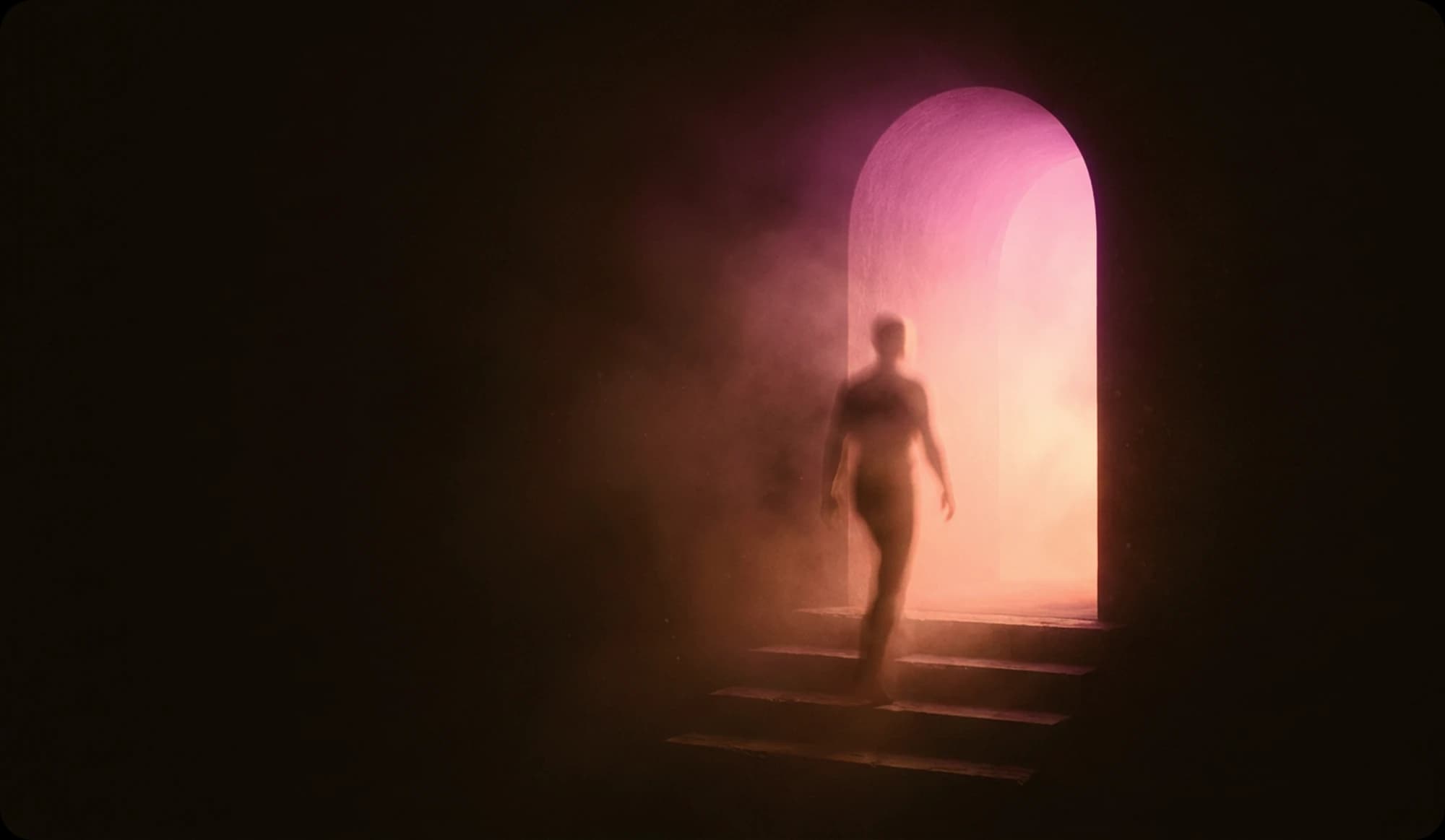 A figure dissolving into light, walking toward a glowing portal